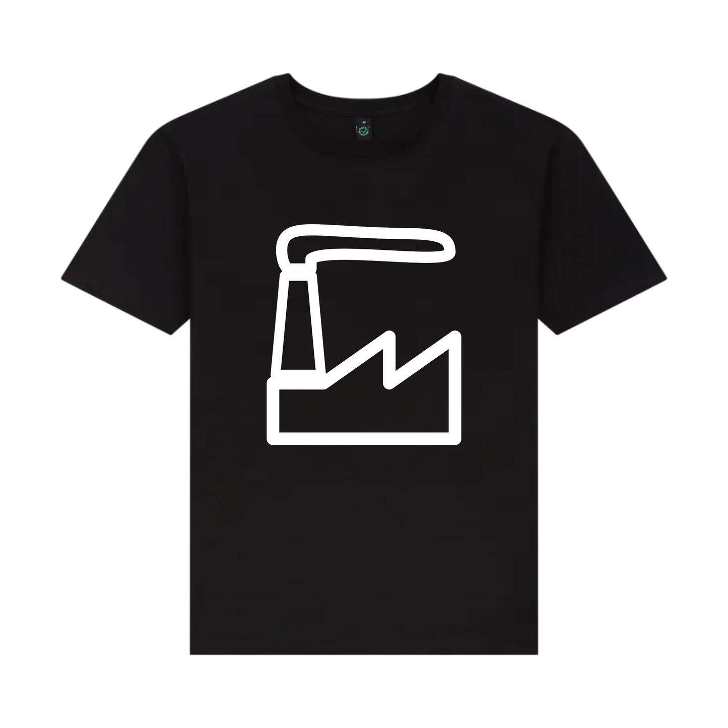 Black t-shirt with a white factory icon on a white background
