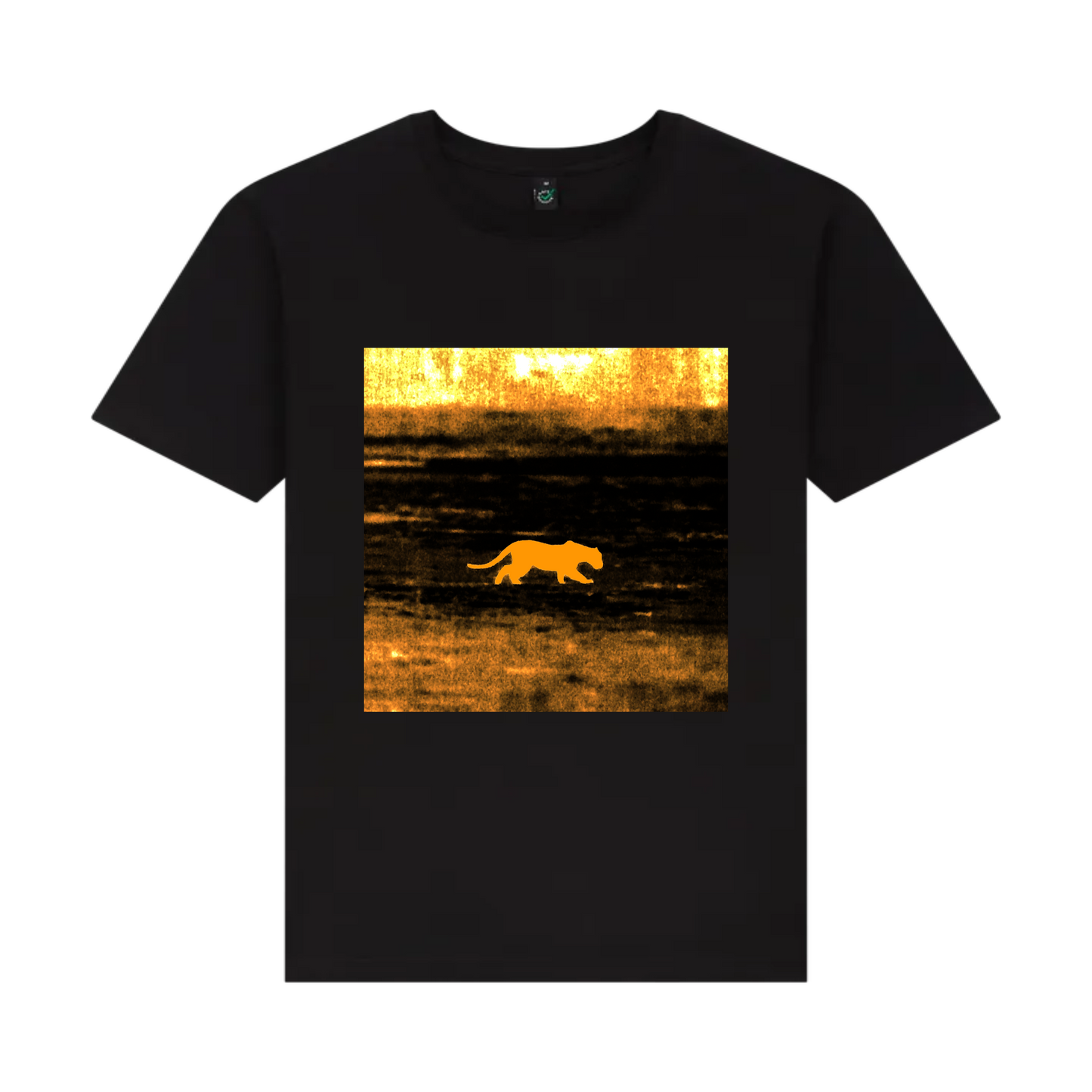 t-shirt with a graphic of a big cat walking in a field at sunset on a scorched foreign plain