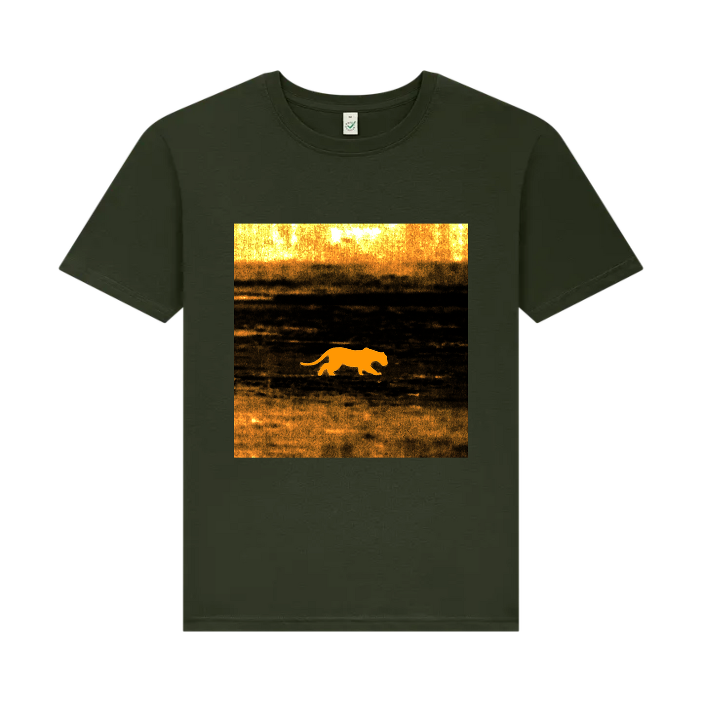 Black t-shirt with a graphic of a big cat walking in a field at sunset on a scorched foreign plain
