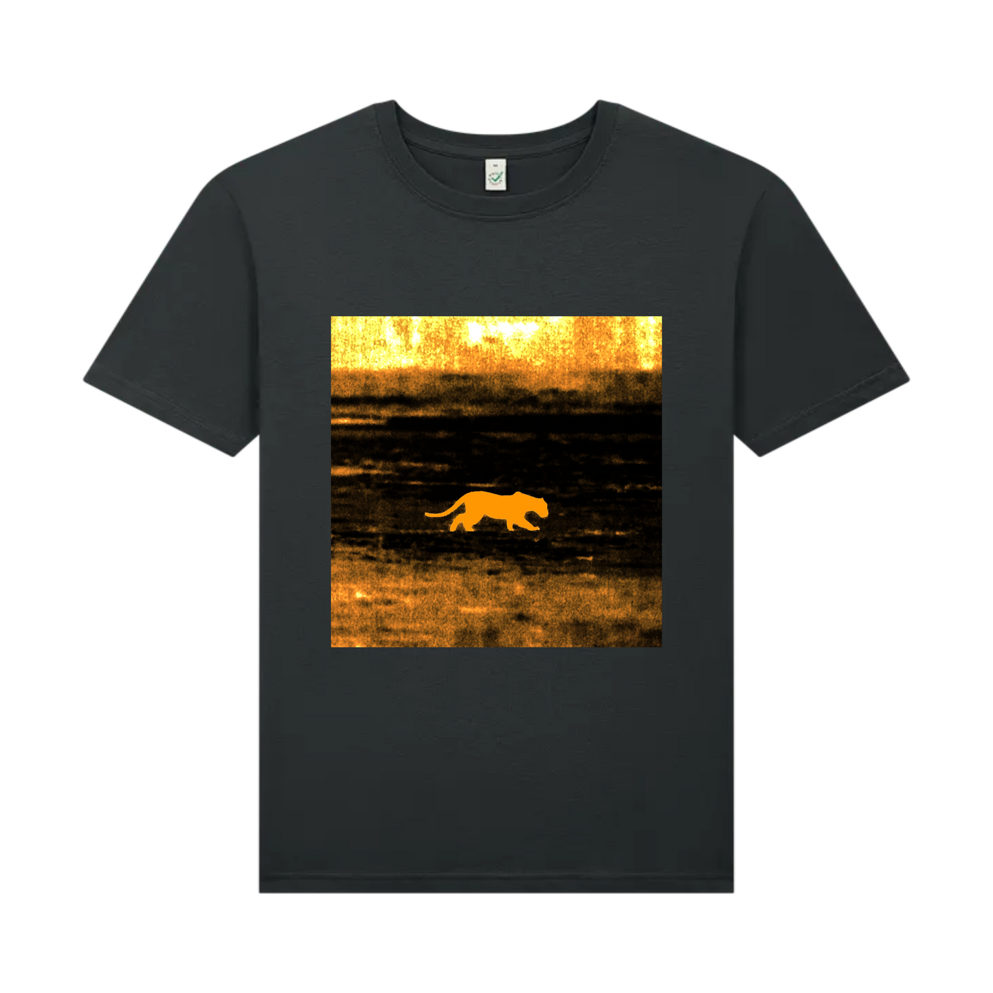 t-shirt with a graphic of a big cat walking in a field at sunset on a scorched foreign plain