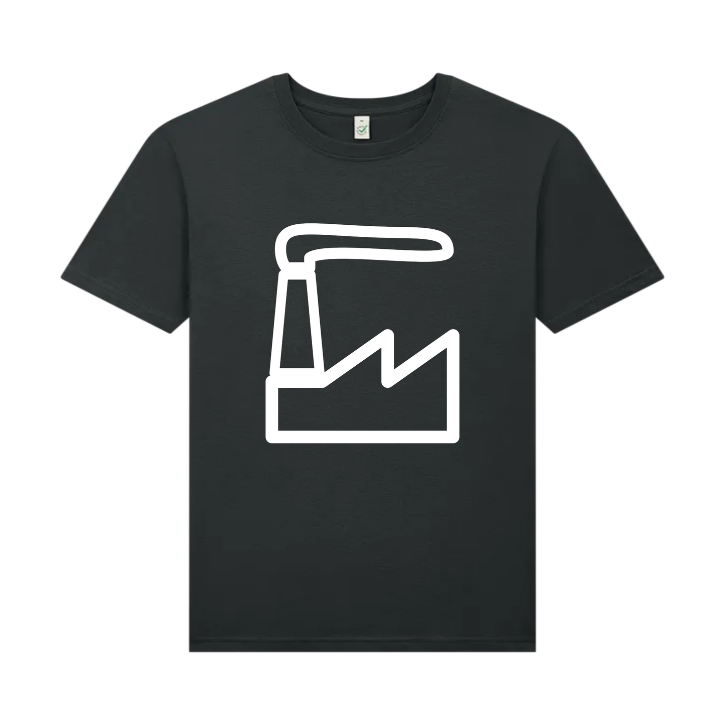 Grey (Charcoal) t-shirt with a white factory icon on a white background