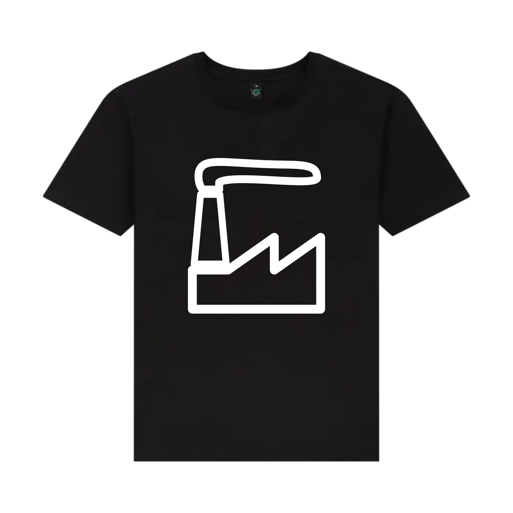 Black t-shirt with a white factory icon on a white background