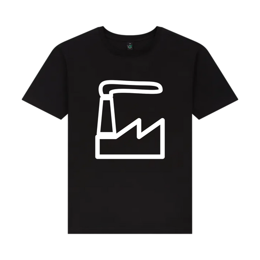 Black t-shirt with a white factory icon on a white background