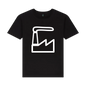Black t-shirt with a white factory icon on a white background
