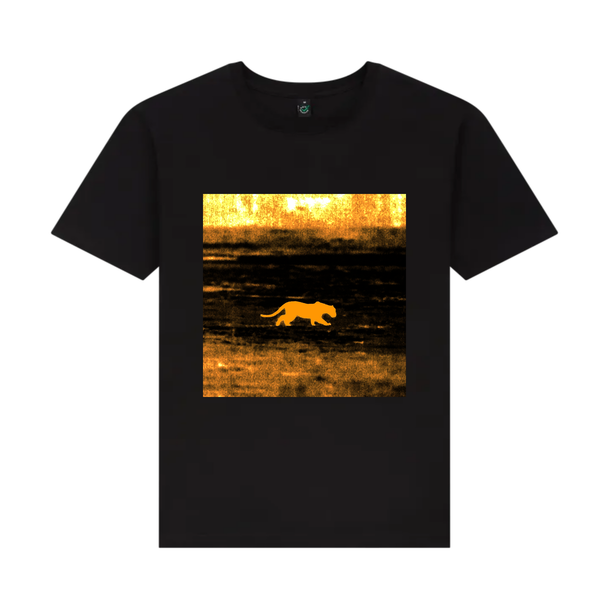 t-shirt with a graphic of a big cat walking in a field at sunset on a scorched foreign plain