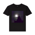 A black t-shirt featuring a front graphic print of a gothic building under a moonlit night sky.