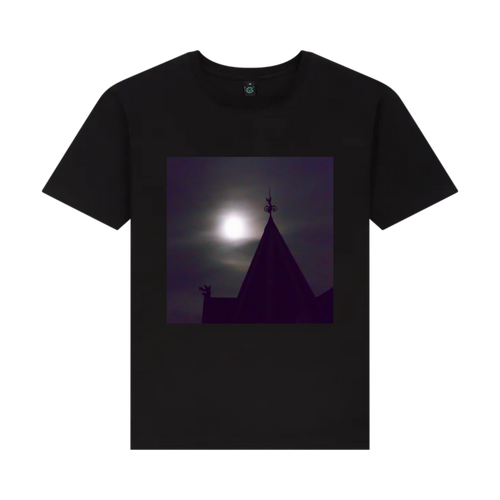 A black t-shirt featuring a front graphic print of a gothic building under a moonlit night sky.