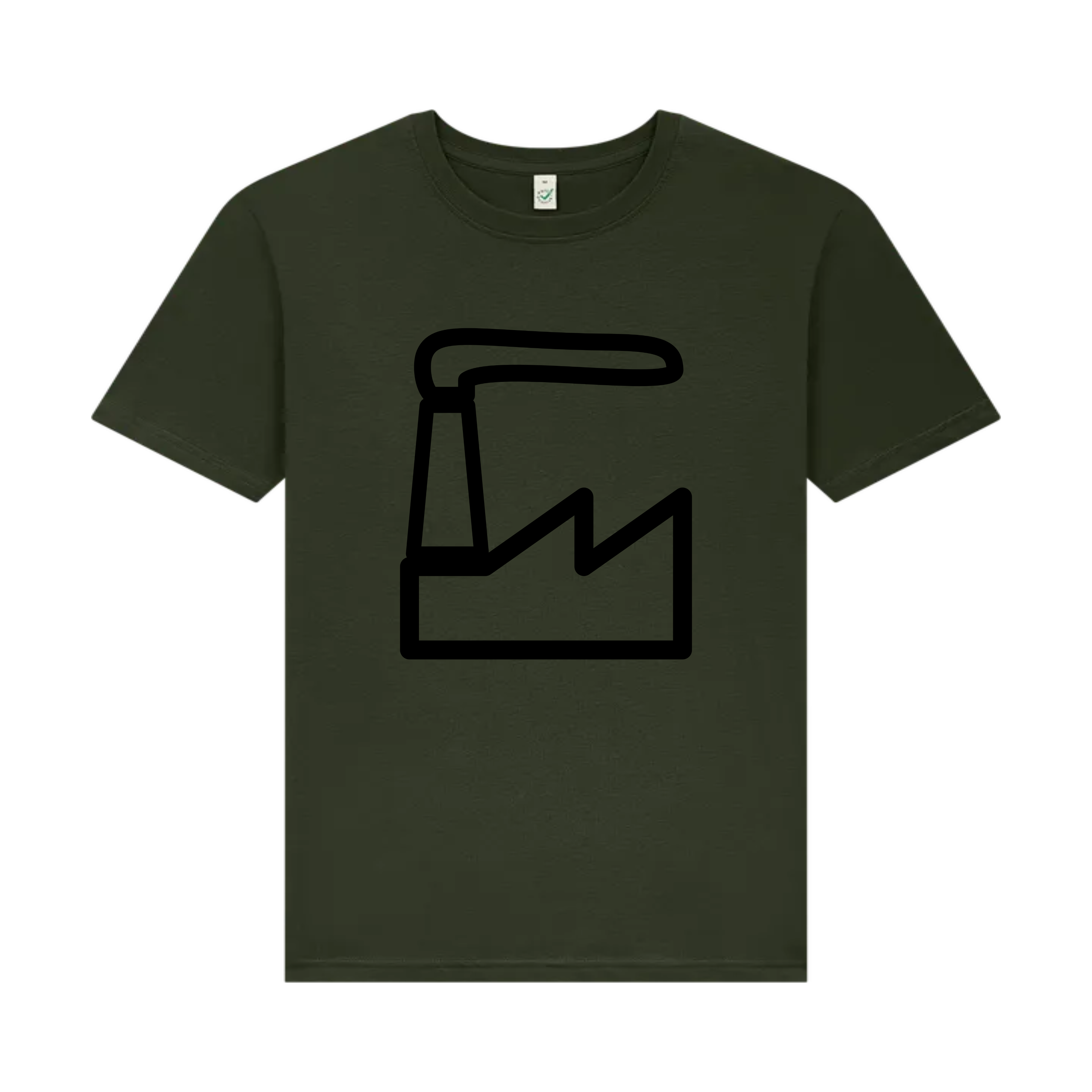 Dark green t-shirt with a black factory icon on a white background