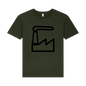 Dark green t-shirt with a black factory icon on a white background