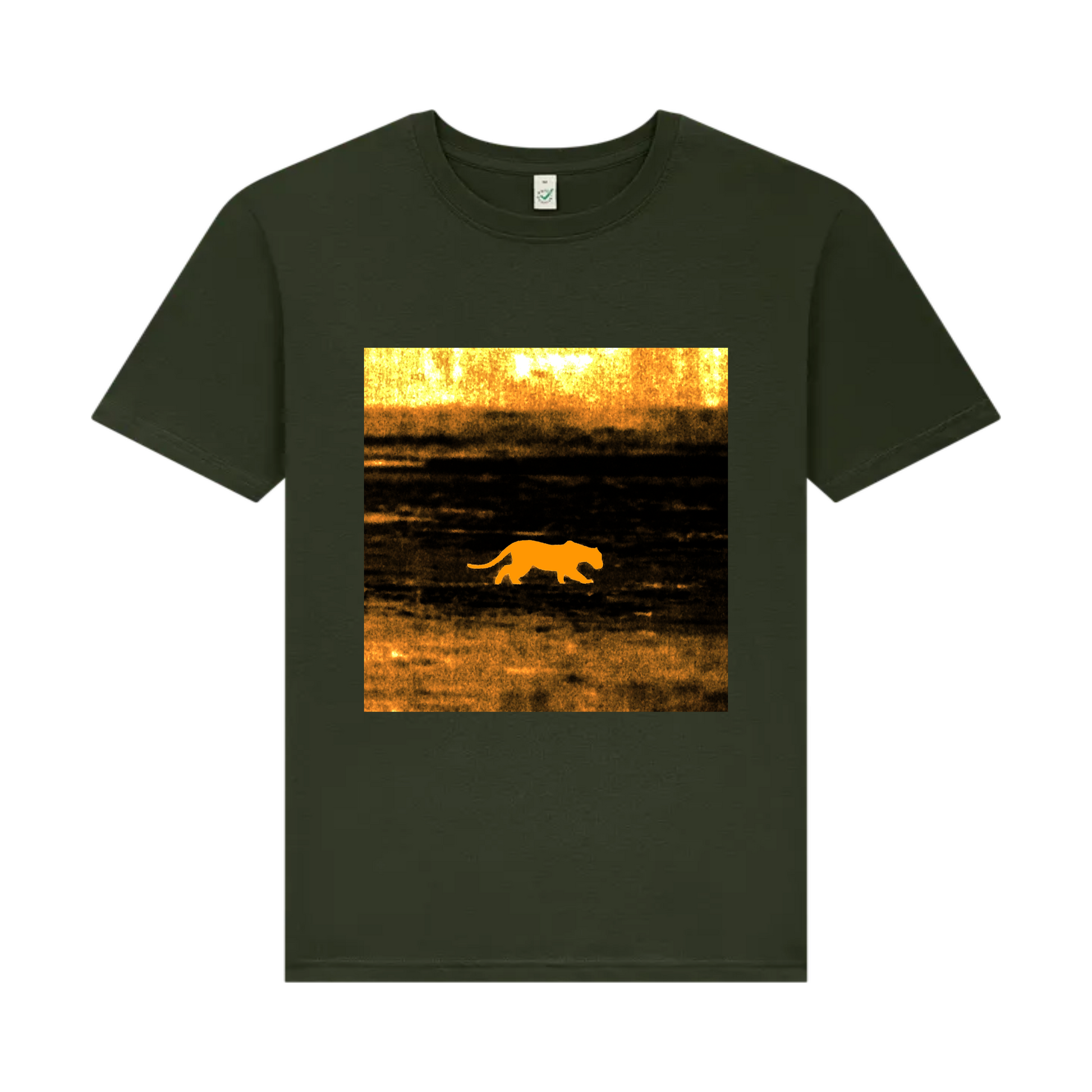 Black t-shirt with a graphic of a big cat walking in a field at sunset on a scorched foreign plain