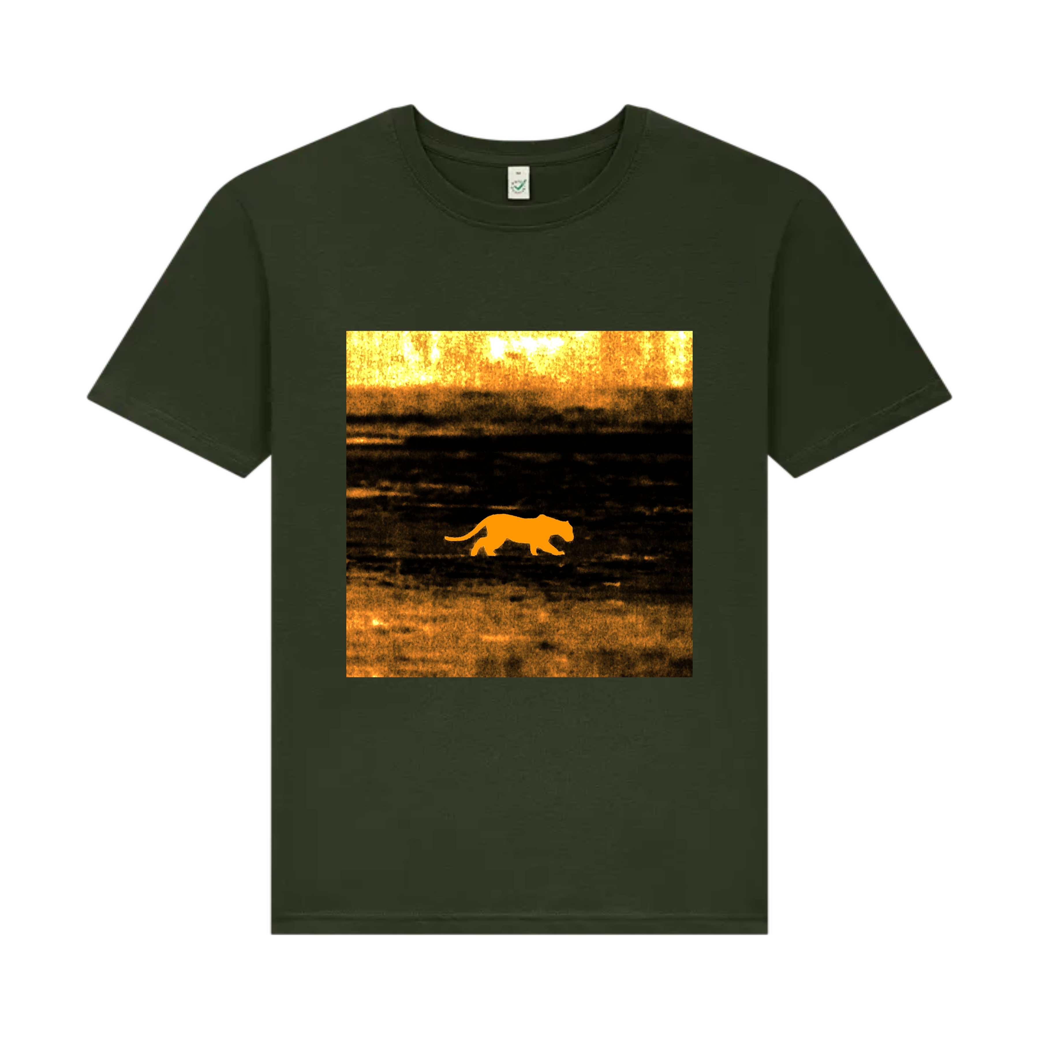 Black t-shirt with a graphic of a big cat walking in a field at sunset on a scorched foreign plain
