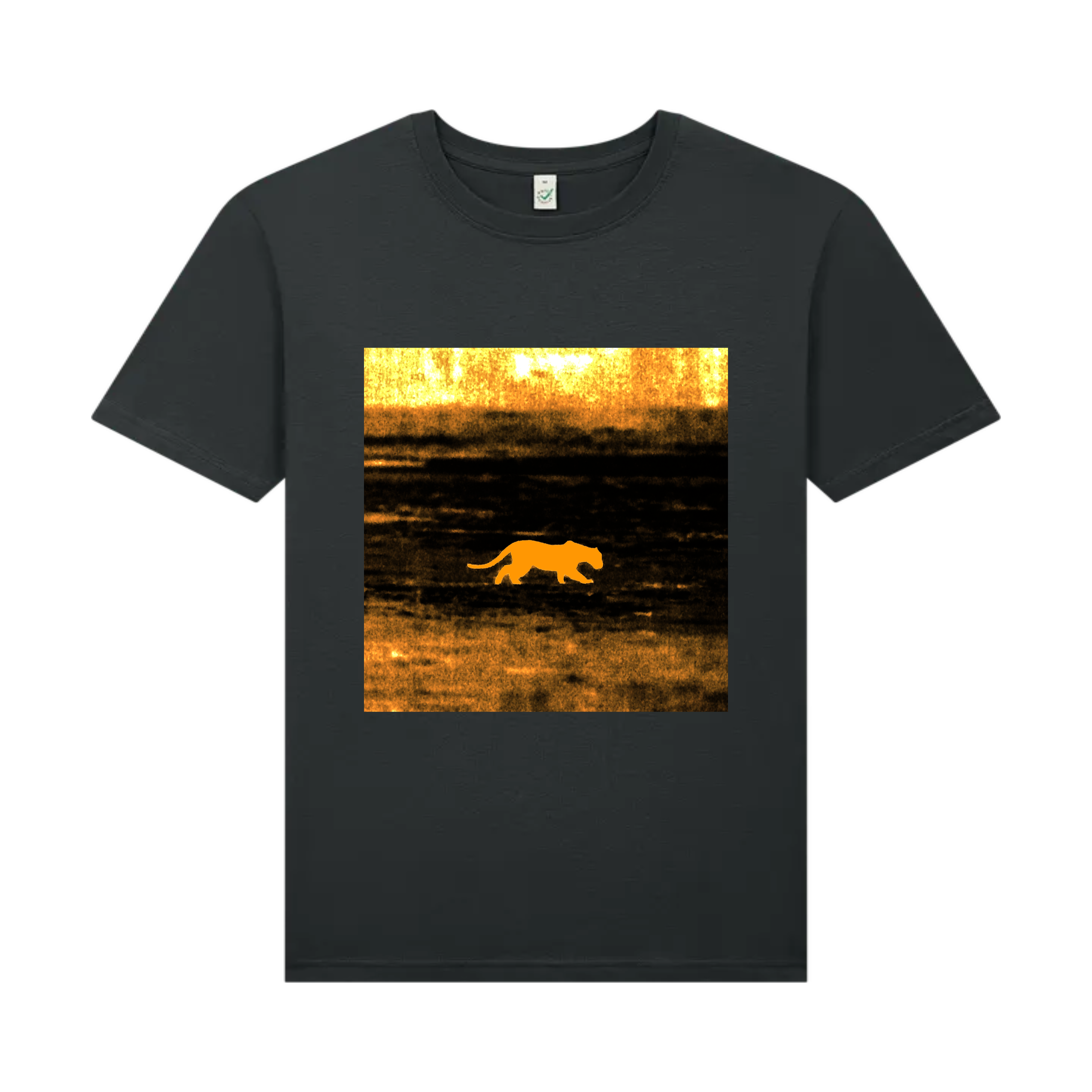 t-shirt with a graphic of a big cat walking in a field at sunset on a scorched foreign plain