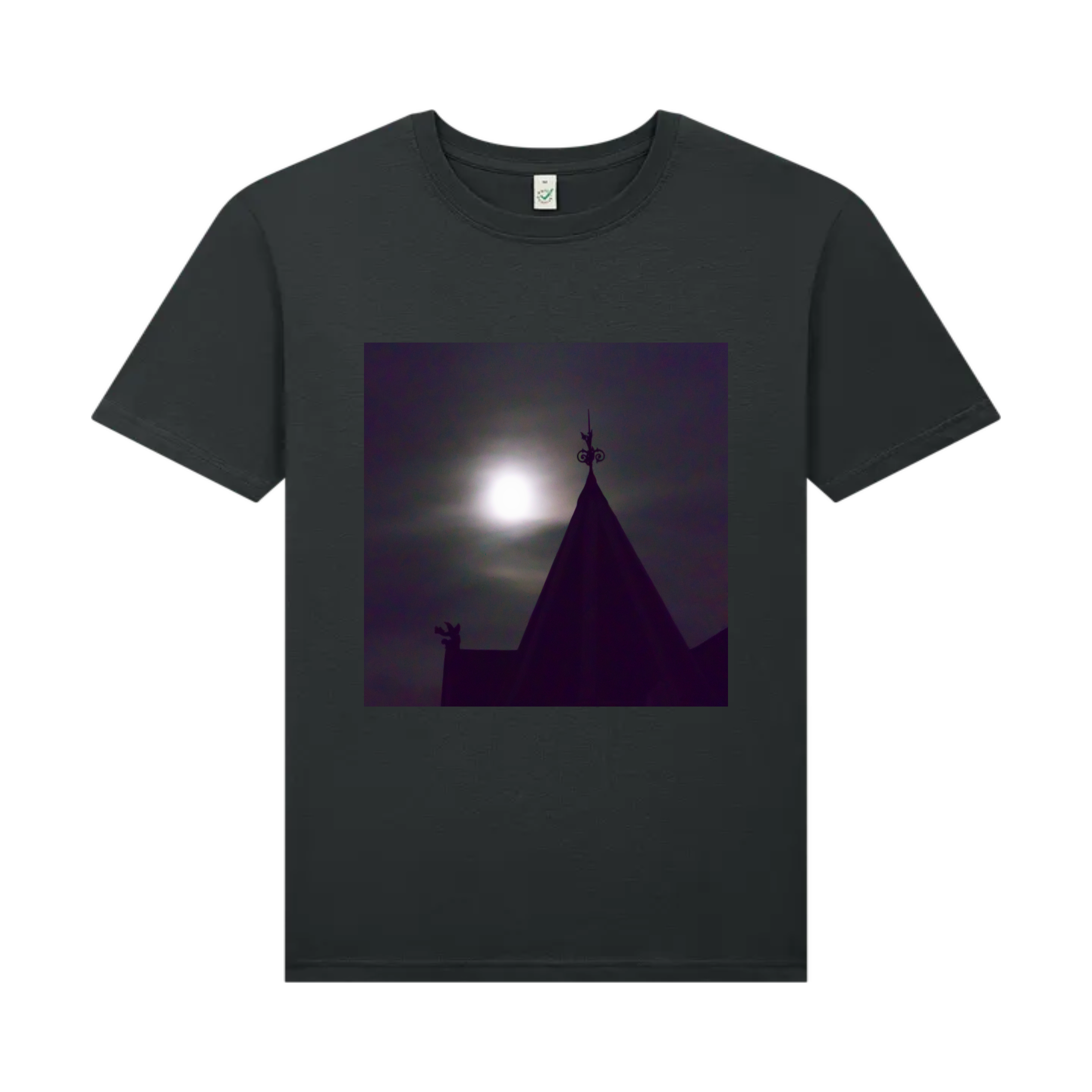 A charcoal grey t-shirt featuring a front graphic print of a gothic building under a moonlit night sky.