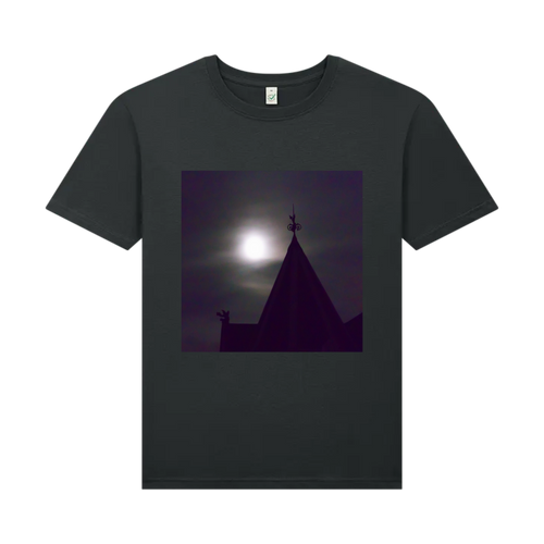 A charcoal grey t-shirt featuring a front graphic print of a gothic building under a moonlit night sky.