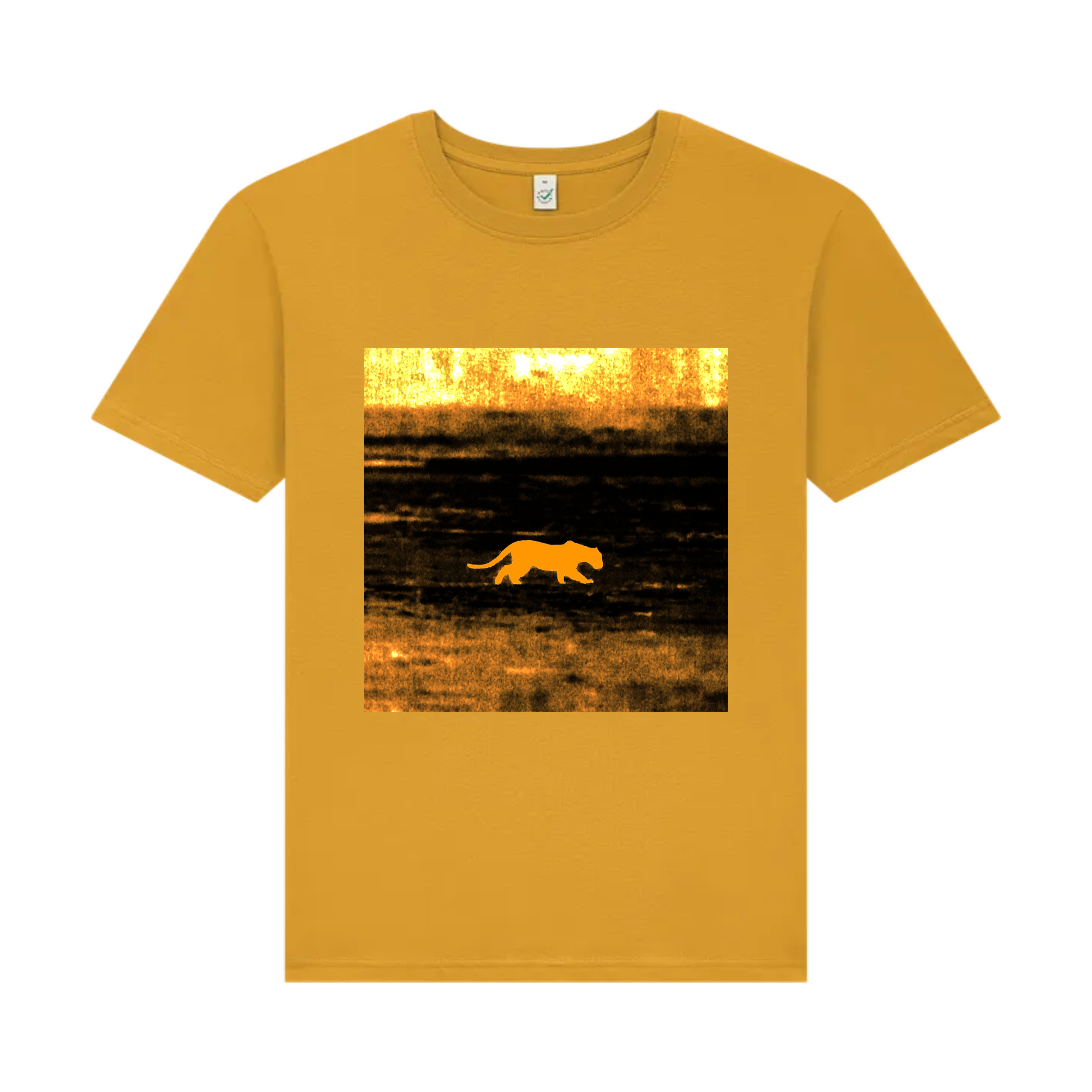 burnt yellow t-shirt with a graphic of a big cat walking in a field at sunset on a scorched foreign plain