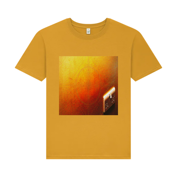 Yellow t-shirt featuring a pop art style design of a plug